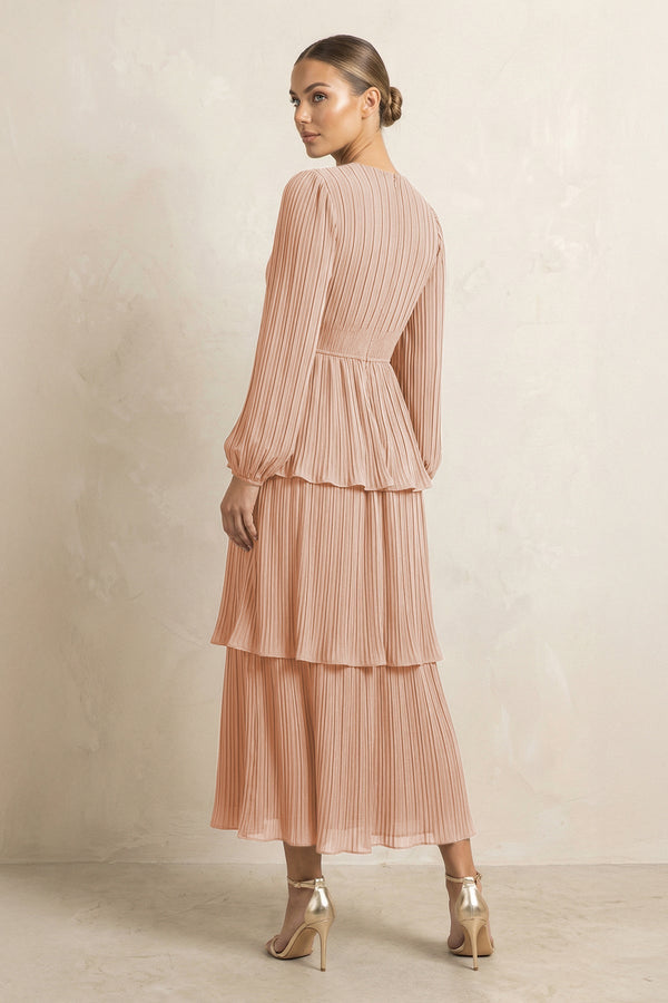 V - Neck Tiered A - Line Chiffon Midi Bridesmaid Dress in Champagne Rose - KissProm Bridesmaid Dresses