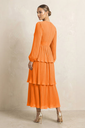 V - Neck Tiered A - Line Chiffon Midi Bridesmaid Dress in Cinnamon - KissProm Bridesmaid Dresses