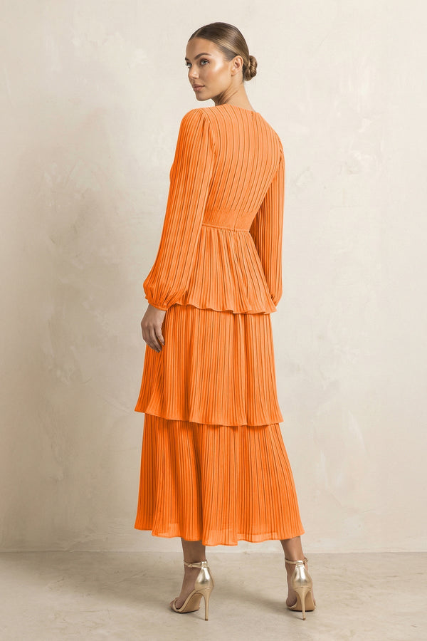 V - Neck Tiered A - Line Chiffon Midi Bridesmaid Dress in Cinnamon - KissProm Bridesmaid Dresses