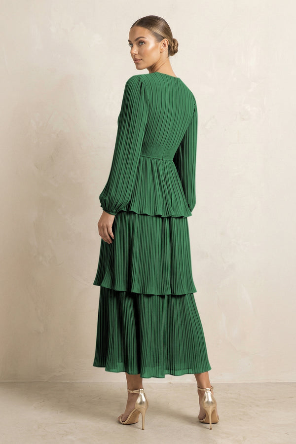 V - Neck Tiered A - Line Chiffon Midi Bridesmaid Dress in Dark Green - KissProm Bridesmaid Dresses