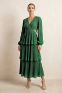 V - Neck Tiered A - Line Chiffon Midi Bridesmaid Dress in Dark Green - KissProm Bridesmaid Dresses