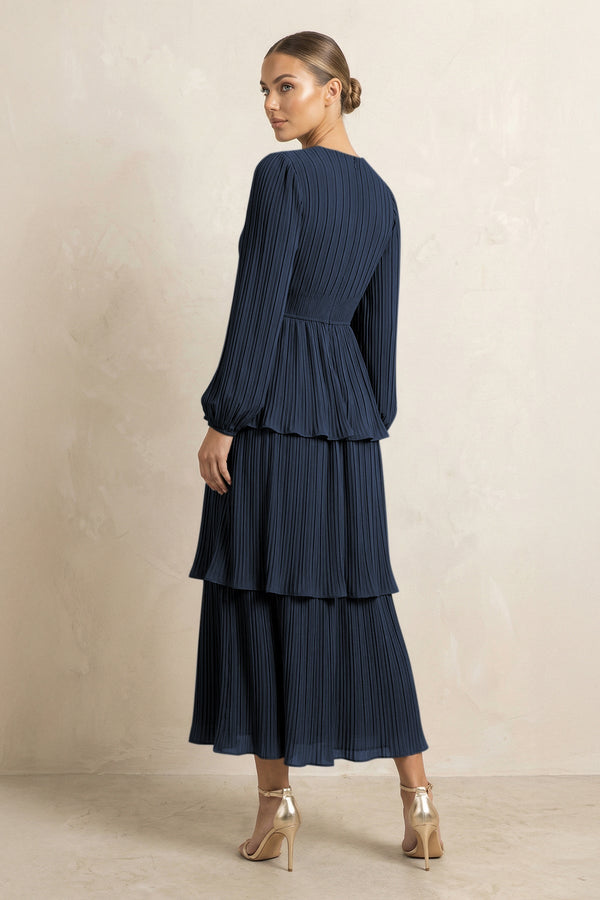 V - Neck Tiered A - Line Chiffon Midi Bridesmaid Dress in Dark Navy - KissProm Bridesmaid Dresses