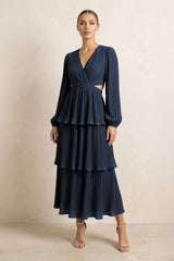 V - Neck Tiered A - Line Chiffon Midi Bridesmaid Dress in Dark Navy - KissProm Bridesmaid Dresses