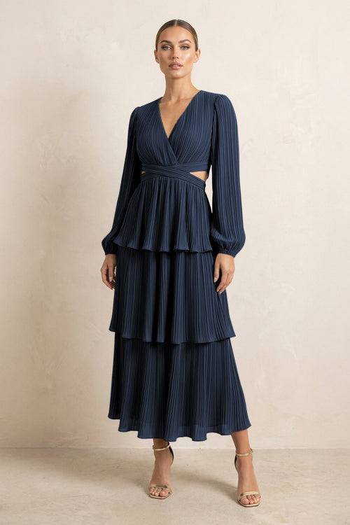 V - Neck Tiered A - Line Chiffon Midi Bridesmaid Dress in Dark Navy - KissProm Bridesmaid Dresses