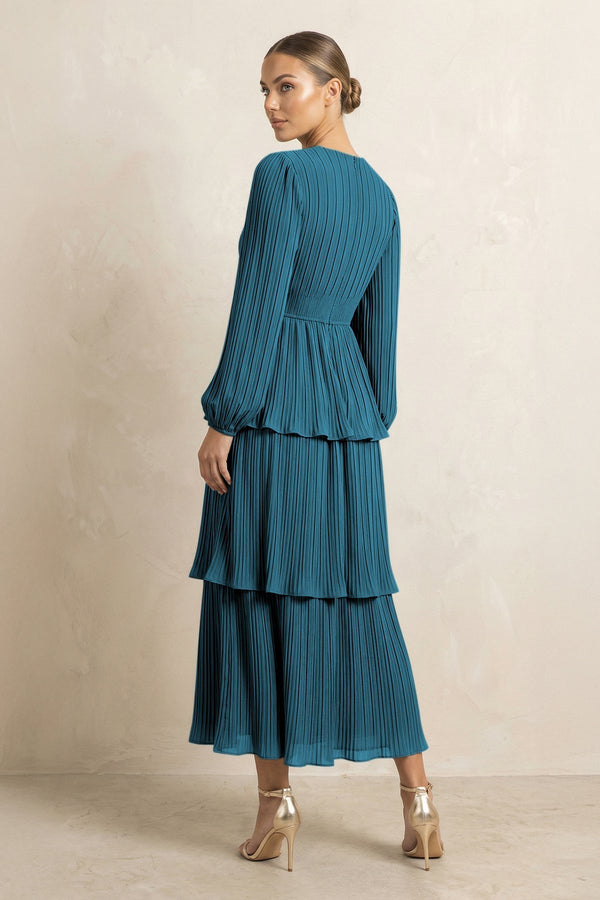 V - Neck Tiered A - Line Chiffon Midi Bridesmaid Dress in Dark Teal - KissProm Bridesmaid Dresses