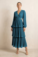 V - Neck Tiered A - Line Chiffon Midi Bridesmaid Dress in Dark Teal - KissProm Bridesmaid Dresses
