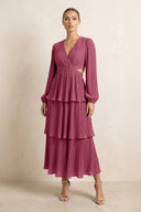 V - Neck Tiered A - Line Chiffon Midi Bridesmaid Dress in Desert Rose - KissProm Bridesmaid Dresses