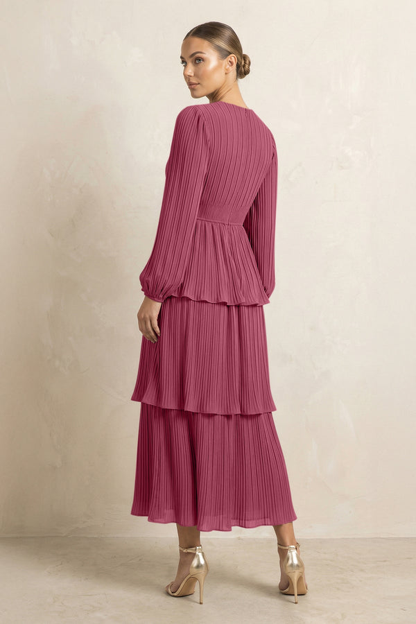 V - Neck Tiered A - Line Chiffon Midi Bridesmaid Dress in Desert Rose - KissProm Bridesmaid Dresses