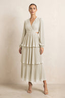 V - Neck Tiered A - Line Chiffon Midi Bridesmaid Dress in Dove Gray - KissProm Bridesmaid Dresses