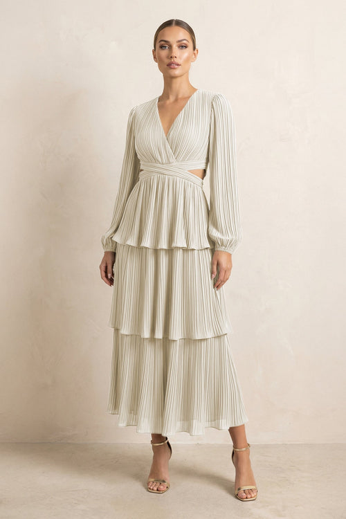 V - Neck Tiered A - Line Chiffon Midi Bridesmaid Dress in Dove Gray - KissProm Bridesmaid Dresses