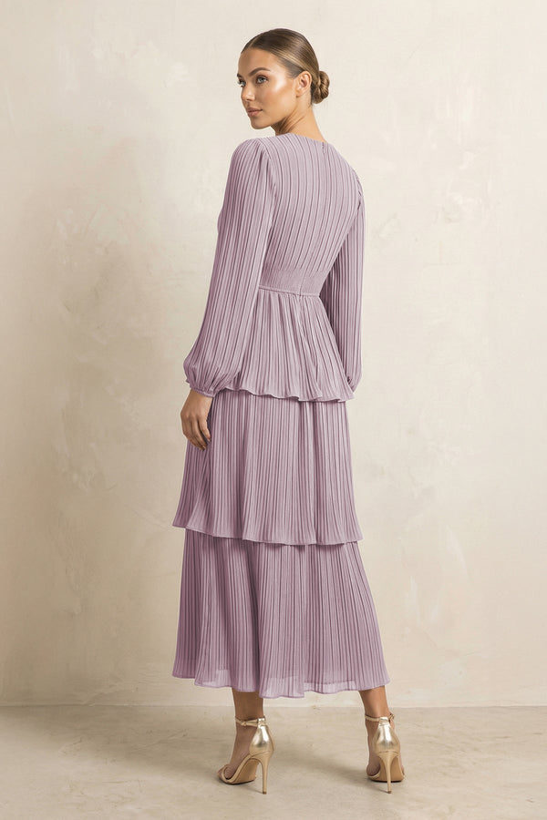 V - Neck Tiered A - Line Chiffon Midi Bridesmaid Dress in Dusk - KissProm Bridesmaid Dresses