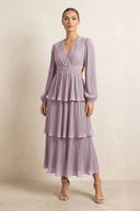V - Neck Tiered A - Line Chiffon Midi Bridesmaid Dress in Dusk - KissProm Bridesmaid Dresses