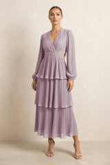V - Neck Tiered A - Line Chiffon Midi Bridesmaid Dress in Dusk - KissProm Bridesmaid Dresses