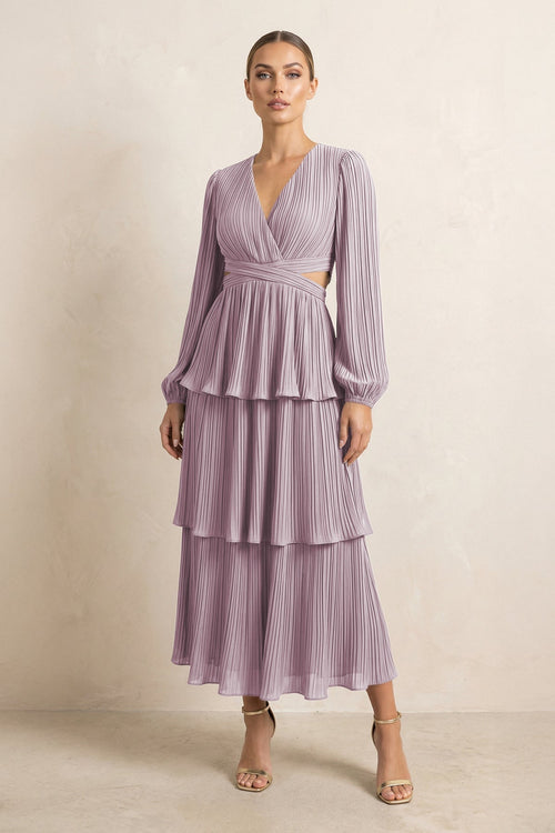 V - Neck Tiered A - Line Chiffon Midi Bridesmaid Dress in Dusk - KissProm Bridesmaid Dresses