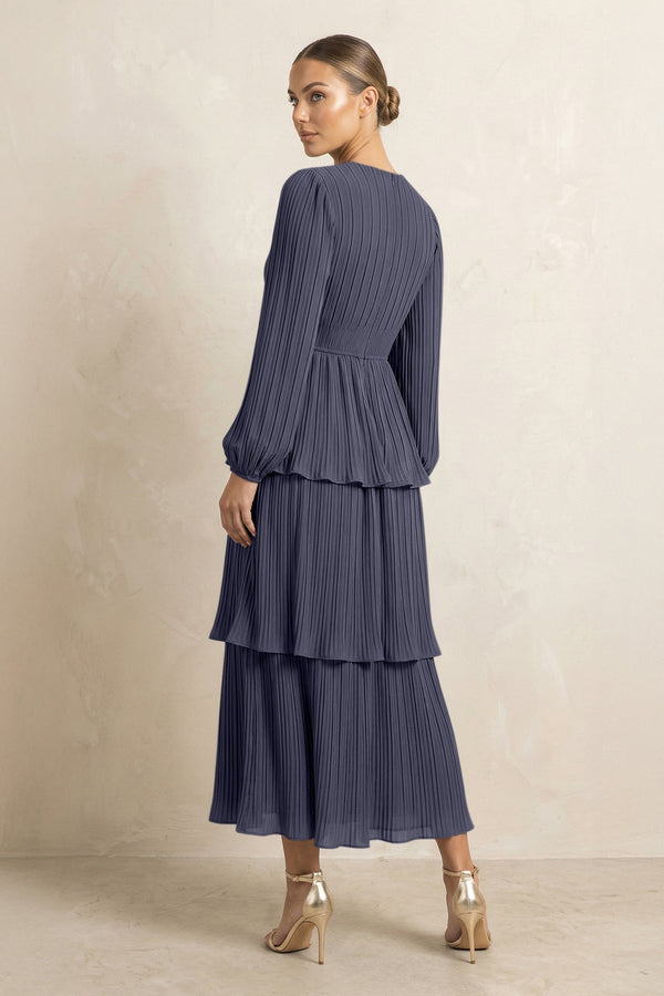 V - Neck Tiered A - Line Chiffon Midi Bridesmaid Dress in Dusk Blue - KissProm Bridesmaid Dresses