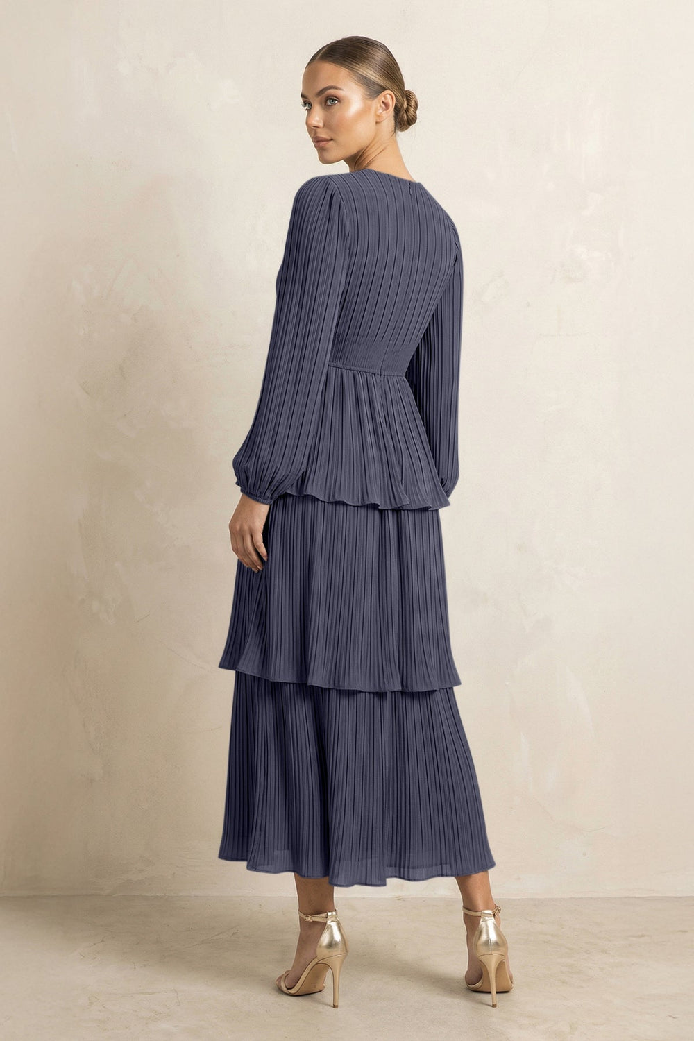 V - Neck Tiered A - Line Chiffon Midi Bridesmaid Dress in Dusk Blue - KissProm Bridesmaid Dresses