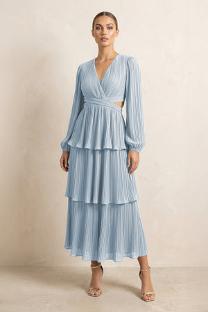 V - Neck Tiered A - Line Chiffon Midi Bridesmaid Dress in Dusty Blue - KissProm Bridesmaid Dresses
