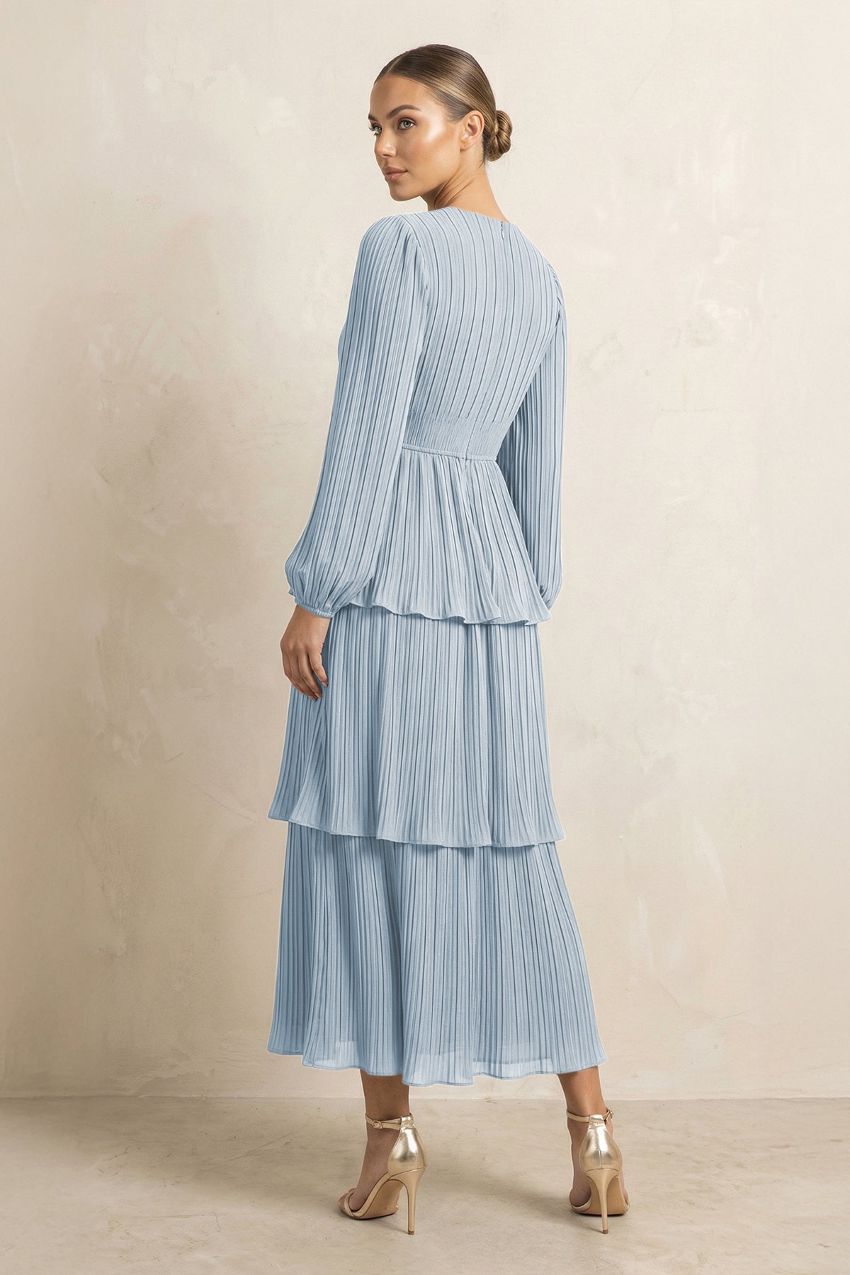KissProm V-Neck Tiered A-Line Chiffon Midi Bridesmaid Dress in Dusty Blue, Dusty Blue / 12