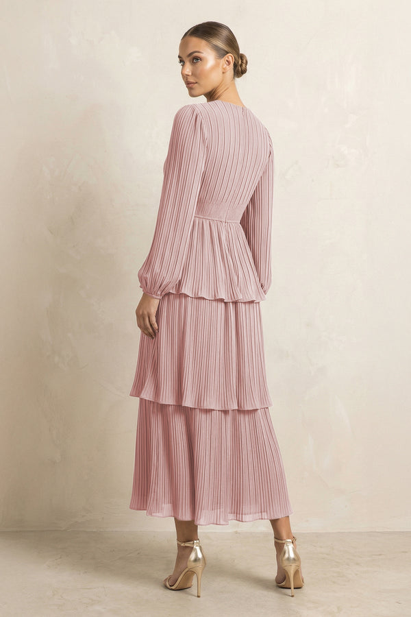 V - Neck Tiered A - Line Chiffon Midi Bridesmaid Dress in Dusty Rose - KissProm Bridesmaid Dresses