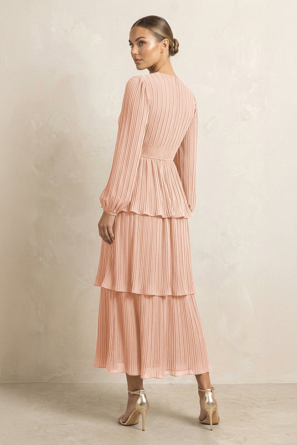 V - Neck Tiered A - Line Chiffon Midi Bridesmaid Dress in English Rose - KissProm Bridesmaid Dresses