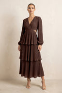 V - Neck Tiered A - Line Chiffon Midi Bridesmaid Dress in Espresso - KissProm Bridesmaid Dresses