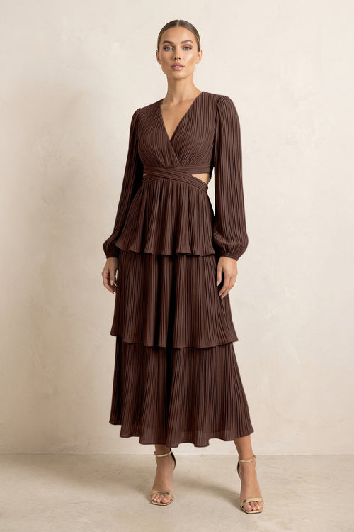 V - Neck Tiered A - Line Chiffon Midi Bridesmaid Dress in Espresso - KissProm Bridesmaid Dresses