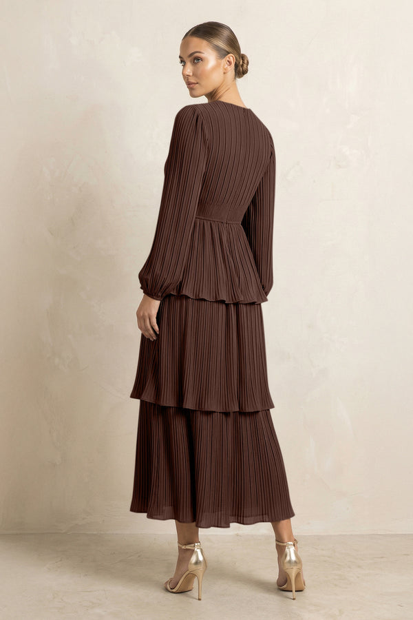 V - Neck Tiered A - Line Chiffon Midi Bridesmaid Dress in Espresso - KissProm Bridesmaid Dresses