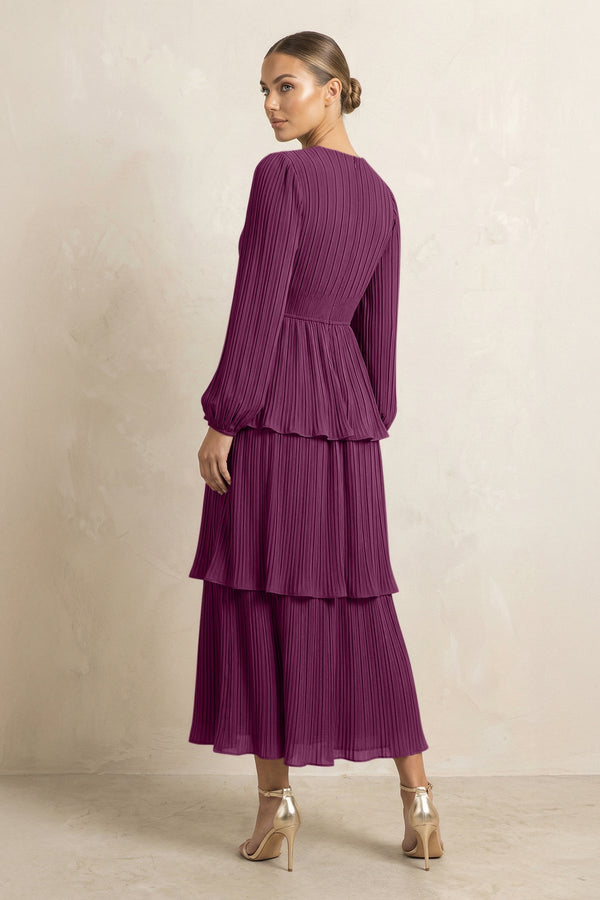 V - Neck Tiered A - Line Chiffon Midi Bridesmaid Dress in Fig - KissProm Bridesmaid Dresses
