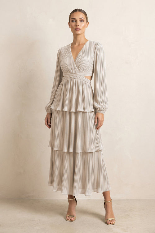 V - Neck Tiered A - Line Chiffon Midi Bridesmaid Dress in Frost - KissProm Bridesmaid Dresses