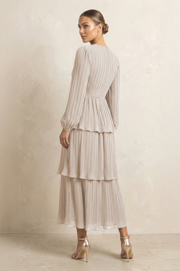 V - Neck Tiered A - Line Chiffon Midi Bridesmaid Dress in Frost - KissProm Bridesmaid Dresses