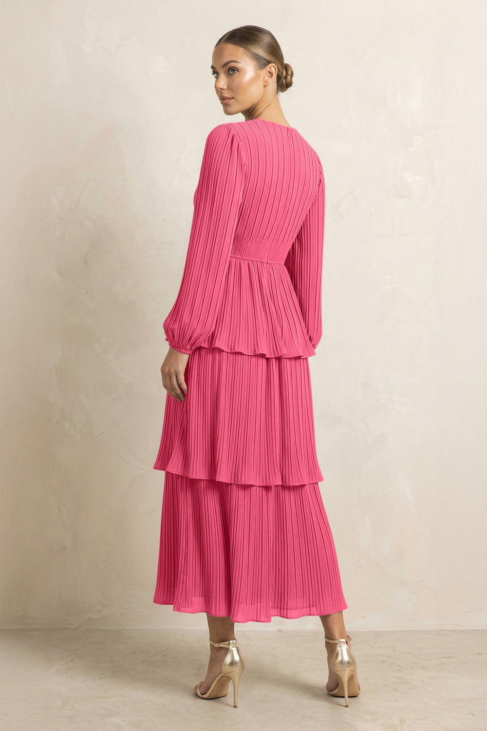 V - Neck Tiered A - Line Chiffon Midi Bridesmaid Dress in Fuchsia - KissProm Bridesmaid Dresses