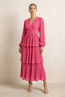 V - Neck Tiered A - Line Chiffon Midi Bridesmaid Dress in Fuchsia - KissProm Bridesmaid Dresses