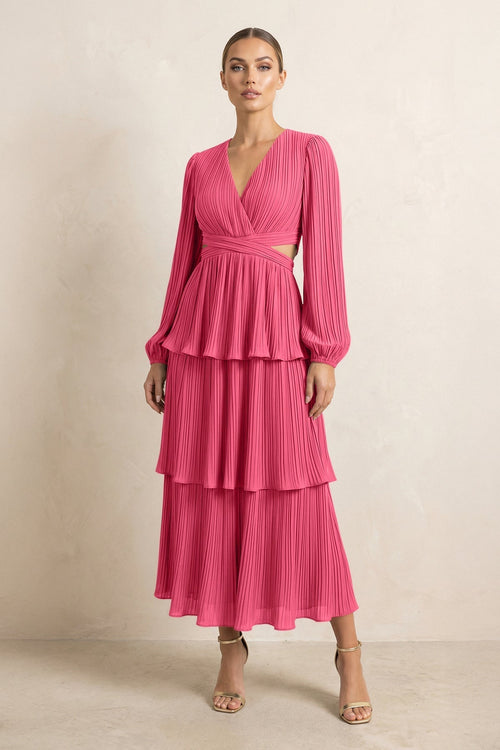 V - Neck Tiered A - Line Chiffon Midi Bridesmaid Dress in Fuchsia - KissProm Bridesmaid Dresses