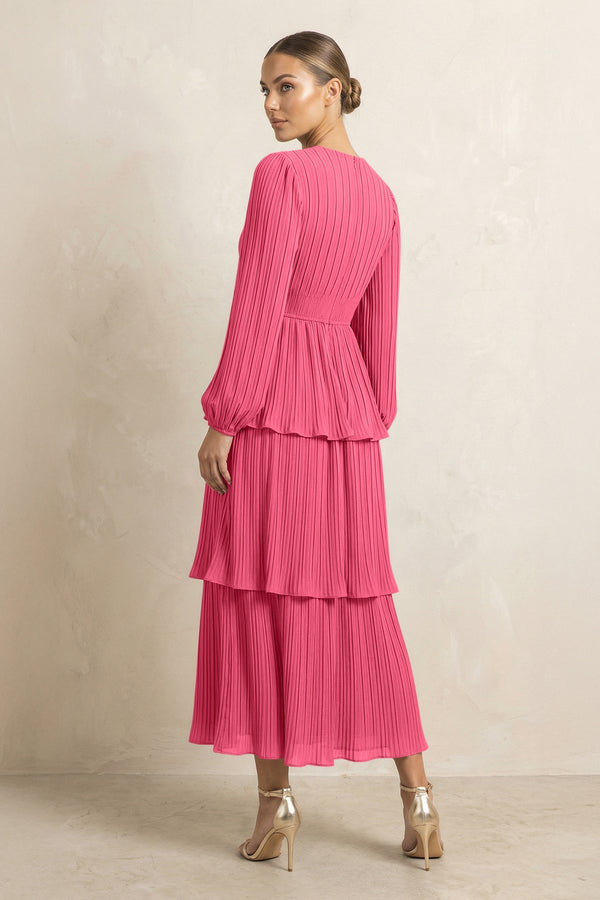 V - Neck Tiered A - Line Chiffon Midi Bridesmaid Dress in Fuchsia - KissProm Bridesmaid Dresses
