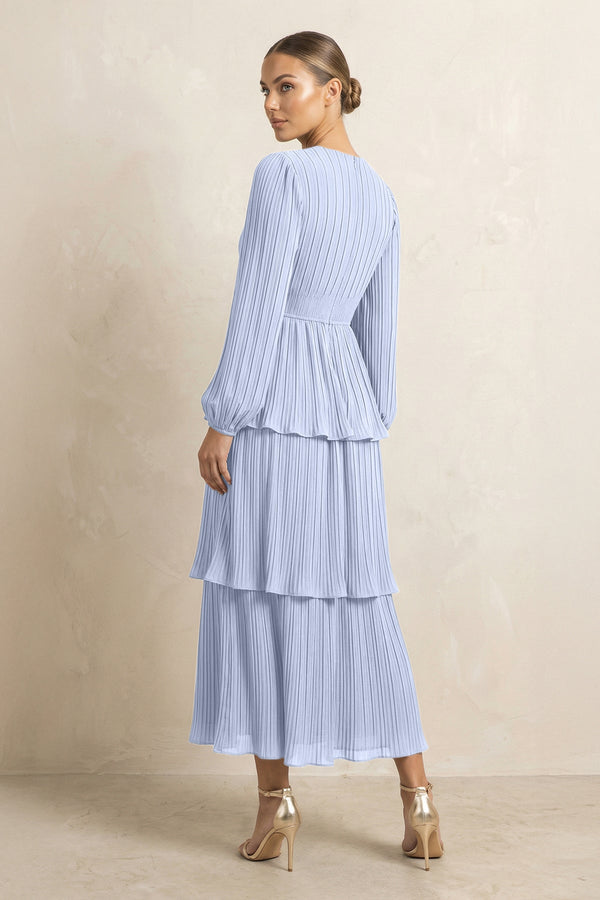 V - Neck Tiered A - Line Chiffon Midi Bridesmaid Dress in Ice - KissProm Bridesmaid Dresses