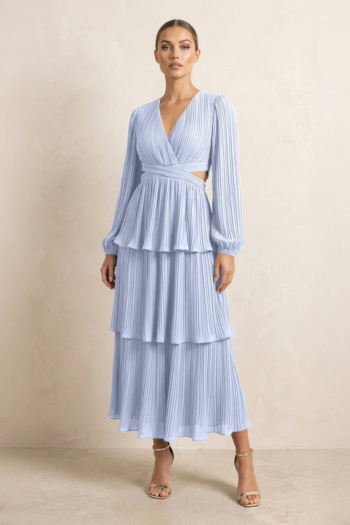 V - Neck Tiered A - Line Chiffon Midi Bridesmaid Dress in Ice - KissProm Bridesmaid Dresses