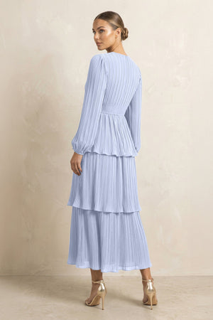 V - Neck Tiered A - Line Chiffon Midi Bridesmaid Dress in Ice - KissProm Bridesmaid Dresses