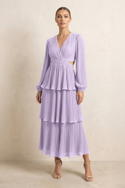 V - Neck Tiered A - Line Chiffon Midi Bridesmaid Dress in Lavender - KissProm Bridesmaid Dresses