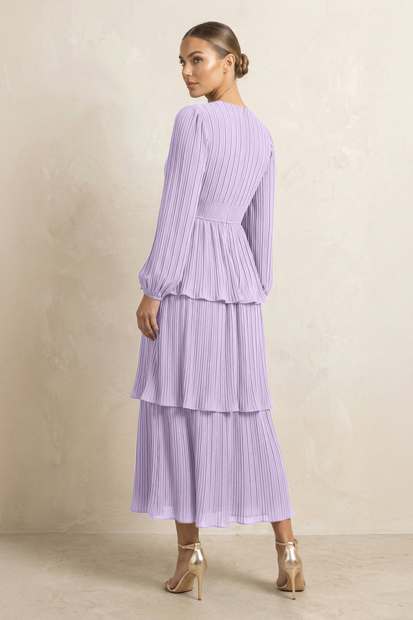 V - Neck Tiered A - Line Chiffon Midi Bridesmaid Dress in Lavender - KissProm Bridesmaid Dresses