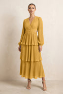 V - Neck Tiered A - Line Chiffon Midi Bridesmaid Dress in Marigold - KissProm Bridesmaid Dresses
