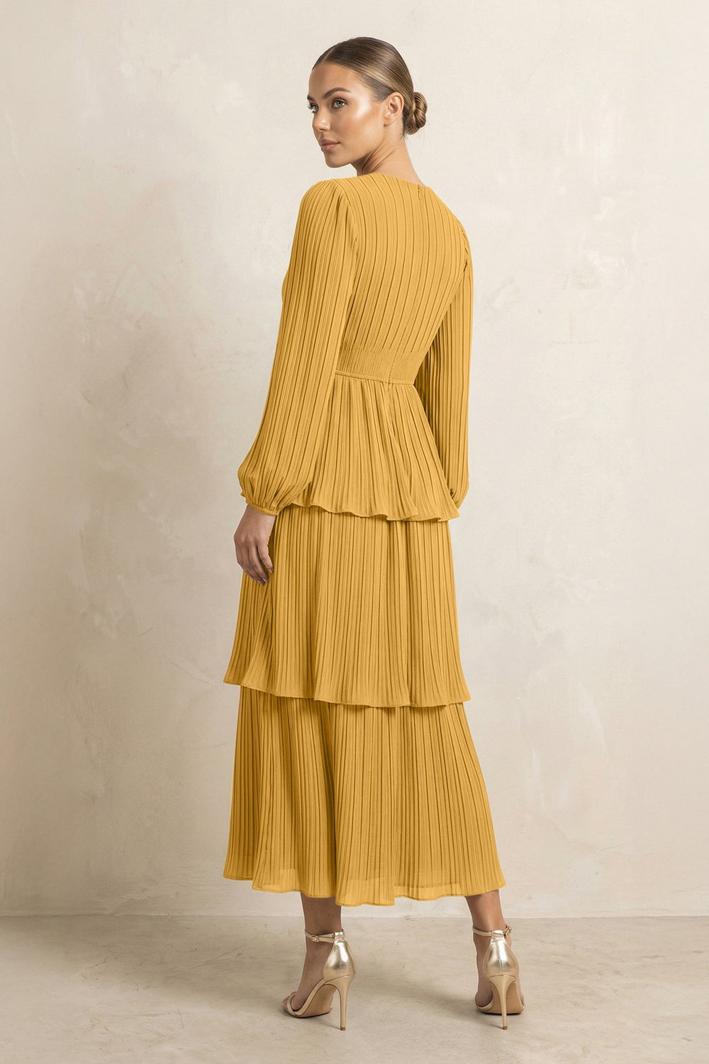 V - Neck Tiered A - Line Chiffon Midi Bridesmaid Dress in Marigold - KissProm Bridesmaid Dresses
