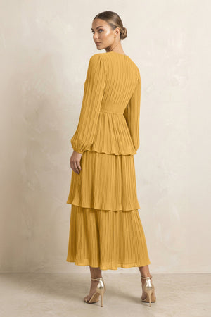 V - Neck Tiered A - Line Chiffon Midi Bridesmaid Dress in Marigold - KissProm Bridesmaid Dresses