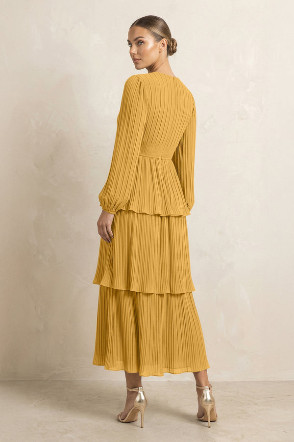 V - Neck Tiered A - Line Chiffon Midi Bridesmaid Dress in Marigold - KissProm Bridesmaid Dresses