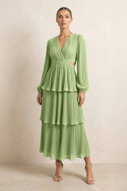 V - Neck Tiered A - Line Chiffon Midi Bridesmaid Dress in Matcha - KissProm Bridesmaid Dresses