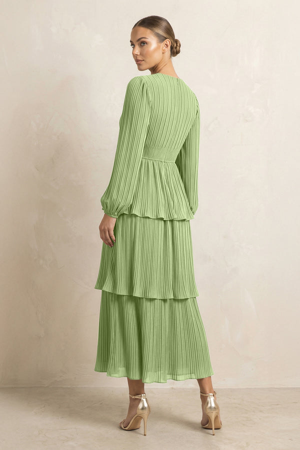 V - Neck Tiered A - Line Chiffon Midi Bridesmaid Dress in Matcha - KissProm Bridesmaid Dresses
