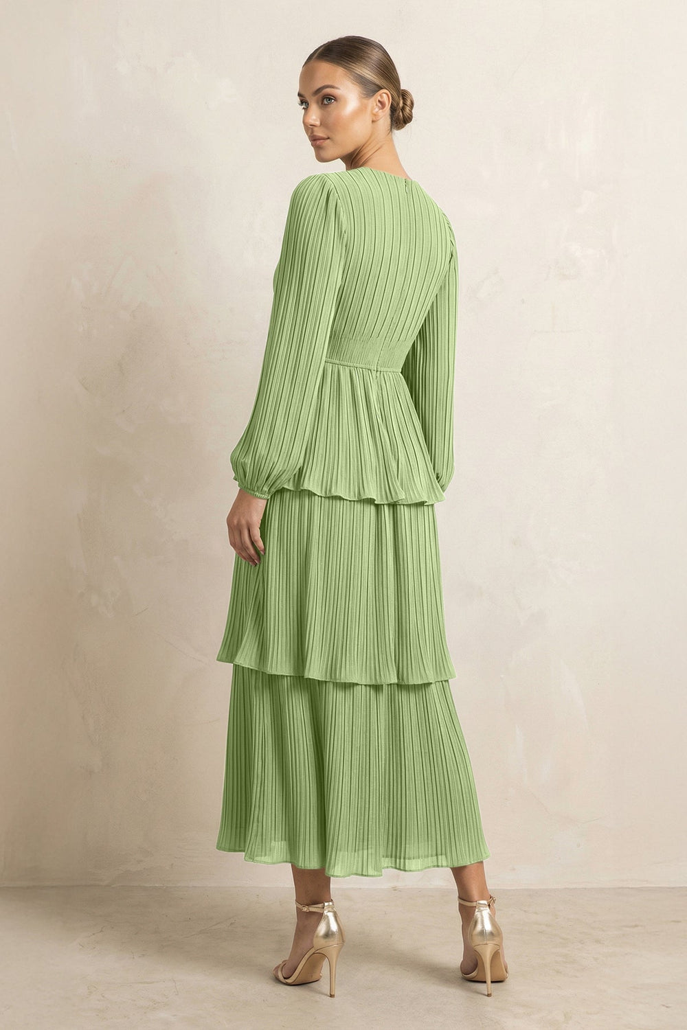V - Neck Tiered A - Line Chiffon Midi Bridesmaid Dress in Matcha - KissProm Bridesmaid Dresses
