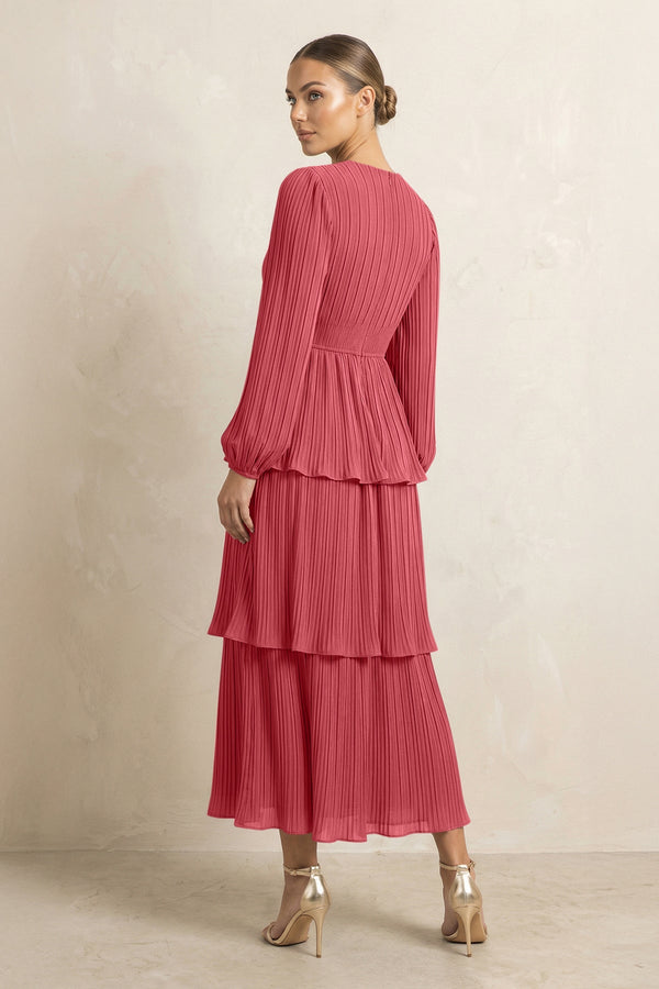 V - Neck Tiered A - Line Chiffon Midi Bridesmaid Dress in Merlot - KissProm Bridesmaid Dresses