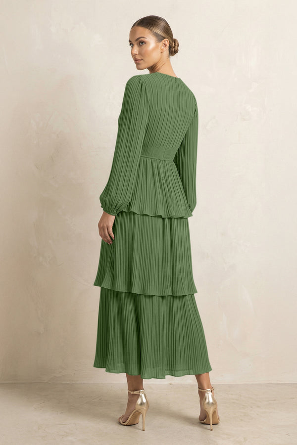 V-Neck Tiered A-Line Chiffon Midi Bridesmaid Dress in Moss