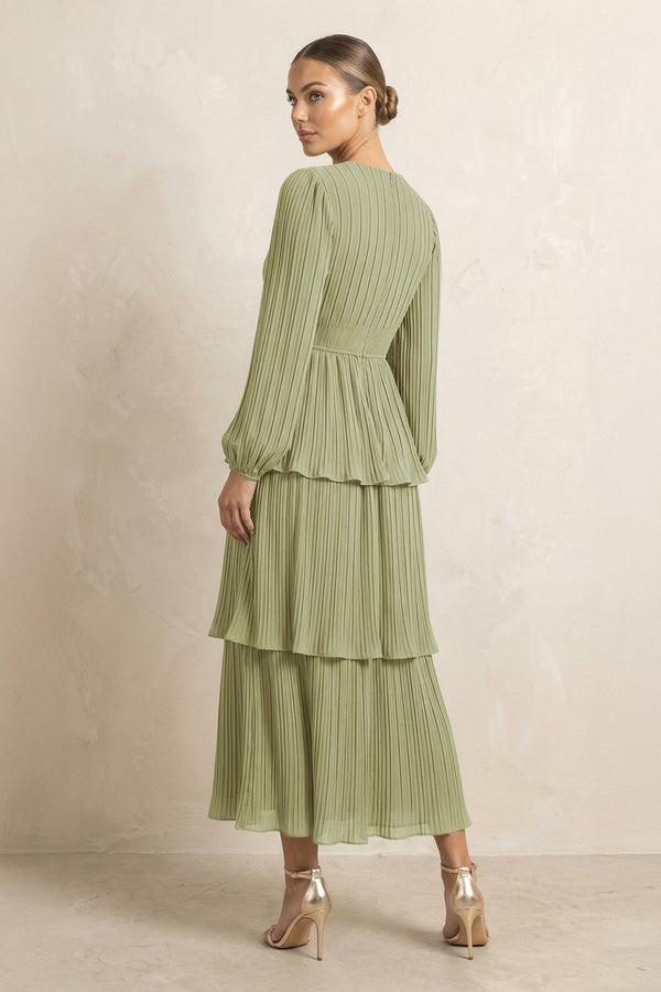 V - Neck Tiered A - Line Chiffon Midi Bridesmaid Dress in Moss - KissProm Bridesmaid Dresses