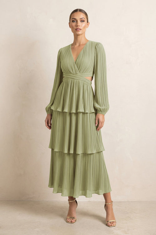 V - Neck Tiered A - Line Chiffon Midi Bridesmaid Dress in Moss - KissProm Bridesmaid Dresses